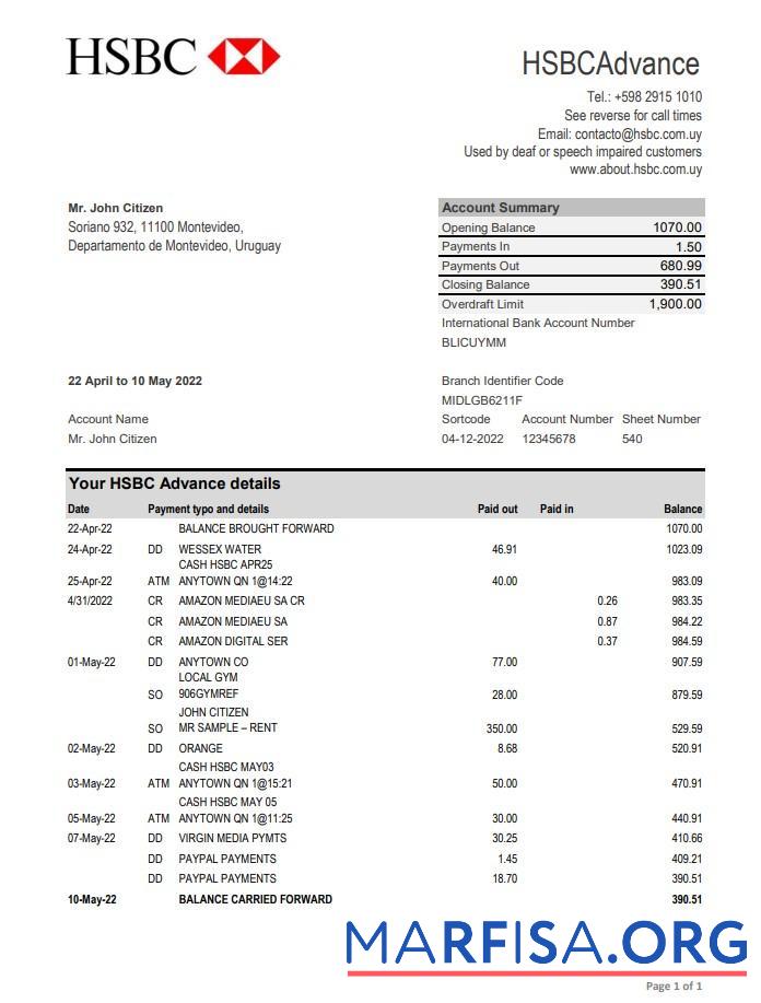 Downloadable Uruguay HSBC bank statement excel download for verification